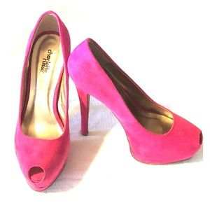 Fushia Pink Suede PU 8 Platform Peeptoe Heels